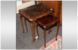 Nest of Three Mahogany Tables with glass tops, supported on Queen Anne Legs.