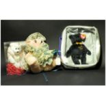 First and Last Beanie Babies, white and black Teddy bears with a Miss Piggy Doll.