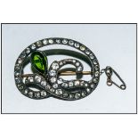 Antique Kidney Shaped Stone Set Silver Brooch, with safety chain. marked 925; 1.5 inches high