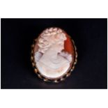 Antique Fine 9ct Gold Mounted Shell Cameo Brooch Marked 9ct. 2 3/8'' in height.