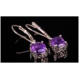 Amethyst Cushion Cut Drop Earrings with lever back fittings, 2.5cts of cushion cut purple amethysts,