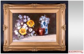 Gordon Clifford Barlow (1913-2005 ) Lived Ilkey - Stillife of Flowers, Teapot and Blue Jug, Signed,