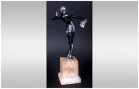 Art Deco Figure Of A Dancing Girl Holding A Silvered Fan Raised On A Square Alabaster Base. c1930's.