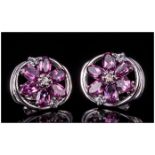 Rhodolite Garnet and White Topaz Earrings, marquise cut rhodolite garnets in single flower shapes