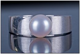 German 8ct White Gold Pearl Ring, Set with a Single Pearl, the Broad Band in Brushed and Polished