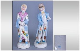 Conta and Boehme Pair of Regency Figures, the lady in flowered white dress with pink fichu, pale