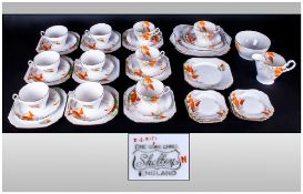 Shelley 1940's 49 Piece Tea Service 'Wisteria' Pattern number 0151 with brown, orange & green