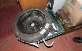 Box of Assorted Tools and Spare Wheel