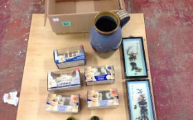 Lurpak Collectable's & Ceramic Vase, Two Glass Fronted Chinese Pictures.