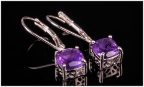 Amethyst Cushion Cut Drop Earrings with lever back fittings, 2.5cts of cushion cut purple amethysts,