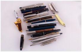 Mixed Selection Of 17 Vintage Pens And Ink Filled Biros, various makers, some with 14ct gold nibs.