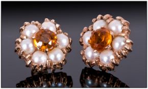 Pair of Citrine and Seed Pearl Stud Earrings in a flower shape, with post and push back fittings