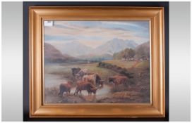 A Late 19th Century Signed Painting Scottish - Loch Scene, Highland Cattle Oil on Canvas, Signed,
