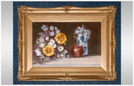Gordon Clifford Barlow (1913-2005 ) Lived Ilkey - Stillife of Flowers, Teapot and Blue Jug, Signed,