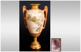 Royal Worcester Fine Hand Painted Blush Ivory, Two Handled Urn Shaped Vase with Raised Floral
