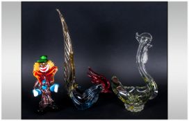 Three Murano Figures Including Two Roosters & A Clown