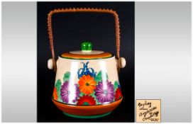 Clarice Cliff Hand Painted Lidded Biscuit Barrel ' Gayday ' Design. c.1930. Height 6.25 Inches.