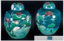 Chinese Famile Verte Ginger Jar And Lid with moulded decoration to the body depicting herons amongst