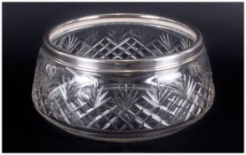 Edwardian Silver Rimmed Cut Glass Fruit Bowl Star base. Hallmark London 1905. 4'' in height, 7.5''