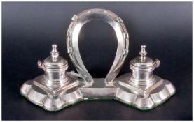 A Vintage And Impressive Silver Plated Desk Twin Ink Well Stand with a horse shoe to central