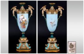 Royal Worcester Signed Renaissance Style Vase, the elongated, goblet shaped body hand painted with a