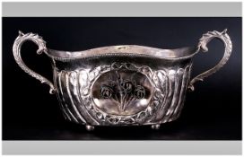 A French - 19th Century Ornate White Metal Two Handle Large Flower Bowl, with Ribbed Panels Raised