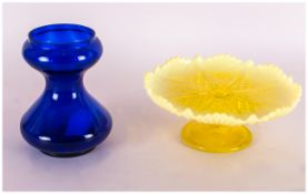 Bristol Blue Shaped Vase, 6 inches in height. Together with a yellow vaseline comport 7 inches in