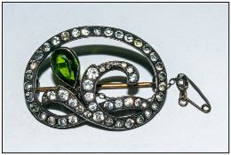 Antique Kidney Shaped Stone Set Silver Brooch, with safety chain. marked 925; 1.5 inches high