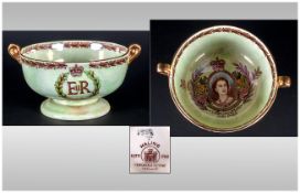 Mailing Lustre Coronation Queen Elizabeth II 1953 Handled Footed Bowl, decorated in unusual green