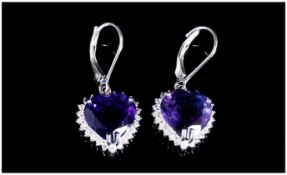 Amethyst and White Zircon Pair of Heart Shaped Drop Earrings, Amethysts of strong, rich purple, in