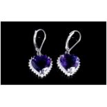 Amethyst and White Zircon Pair of Heart Shaped Drop Earrings, Amethysts of strong, rich purple, in