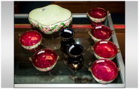 Maling Ware Comprising Six Fruit Dishes And Matching Bowl, Raised Floral Decoration. Together With