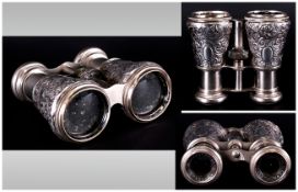 Victorian Pair of Gentleman's Silver Opera Glasses with ornate embossed decoration, hallmarked