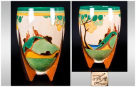 Clarice Cliff Hand Painted 3 Footed Vase ' Secrets ' Design. c.1933-1937. Stands 8 Inches High.