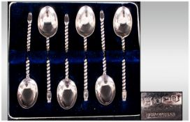 A Boxed Set Of Six Silver Barley Twist Handle Tea Spoons, Hallmark Sheffield 1922, Excellent