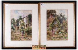 William R Hoyes Pair Of Fine Quality Watercolours Depicting Ladies In Country Cottage Gardens