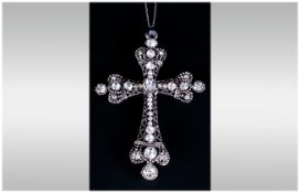 Large Gothic Style Crystal Cross Pendant, the bright, white crystals set in an oxydised silver style