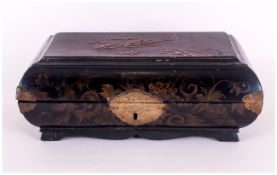 Chinese 19th Century Hinged Lidded Black Laquered Box with fitted interior compartments & brass