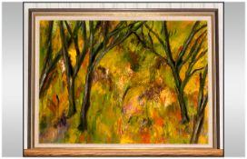 Brian T.N.Bennett, Modern Abstract Oil Painting of a woodland glade, labelled to reverse 'Wild