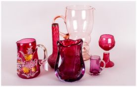 Six Pieces of Coloured Glass comprising Murano style vase, 4 pieces of ruby glass and a 1930's glass