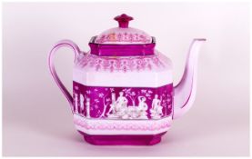 K.P.M Large Pink Teapot decorated with classical figures and scenes. Circa 1890's. 8'' in height.