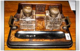 Victorian Walnut Desk Inkwell with 2 large square glass ink bottles with brass dome tops with