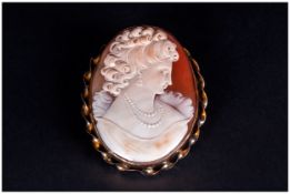 Antique Fine 9ct Gold Mounted Shell Cameo Brooch Marked 9ct. 2 3/8'' in height.