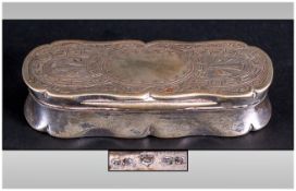 Victorian Silver Plated Snuff Box Of Shaped Form With Engraved Hinged Lid. Length 77mm