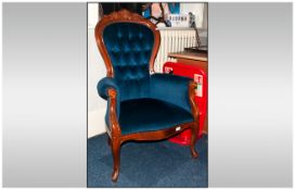 Retro Victorian Style Ladies Spoon Back Parlour Armchair with button back draylon blue material.