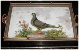 Painted Glass Topped Tray with metal carrying handles, an unusual item depicting a racing pigeon