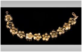 Murano Style Flower Bracelet, Speckled Gold Coloured Flower Head Links. 9ct Clasp, Length 7¾ Inches