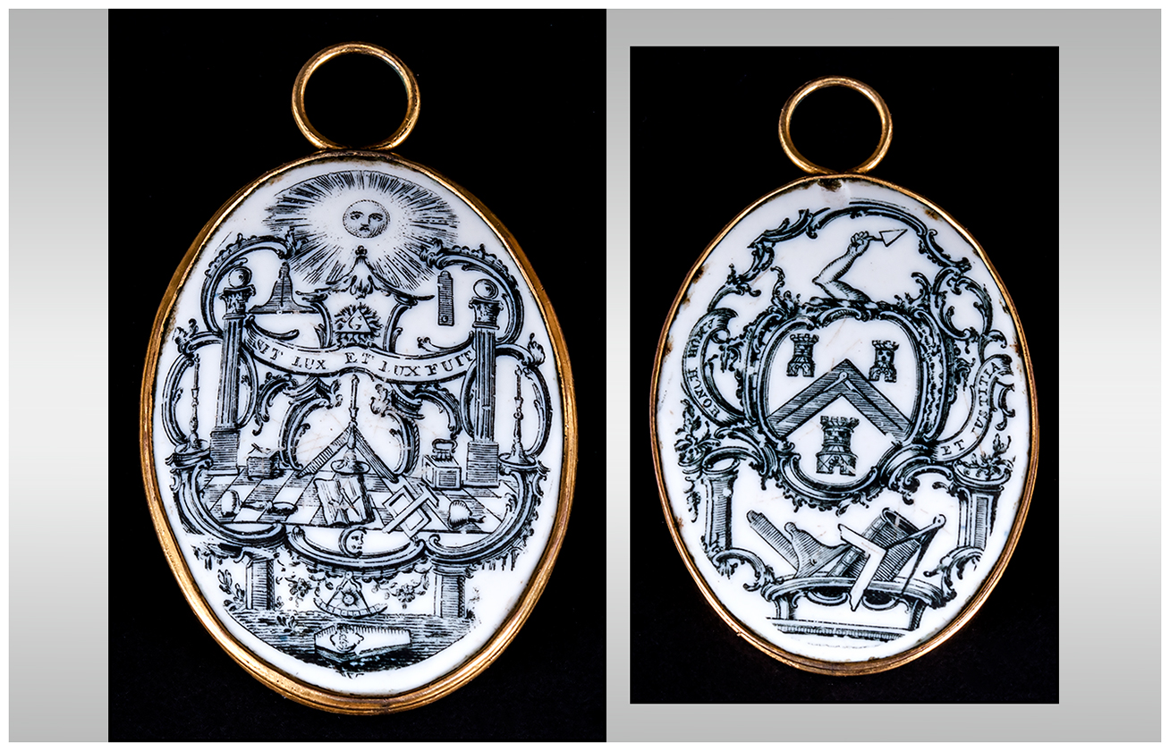 Masonic Interest George III White-Ground Enamel Plaque, Printed Monochrome Masonic Emblems To