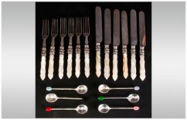 Set Of 12 Mother Of Pearl Handled Dessert Knives & Forks, Together With 6 Coffee Spoons