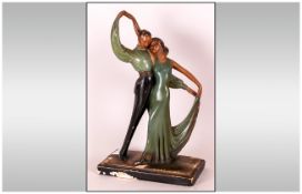 Art Deco Plaster Figure of A Dancing Couple in polychrome colour decoration. c 1930's. Numbered to